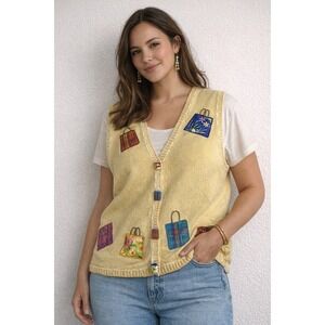 Mandal Bay Sweater Vest XL Cottagecore Yellow Novelty Bag Applique Cotton Ramie